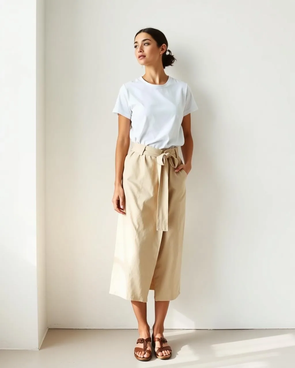 Nižší modelka Klára v sukni Mawe Beige, velikost S