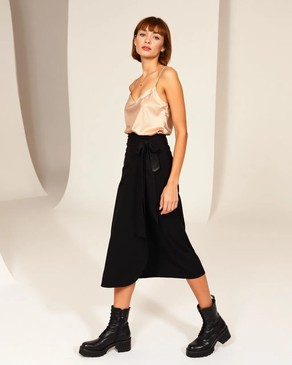 Večerní look: černá sukně Mawe, hedvábný top a biker boots