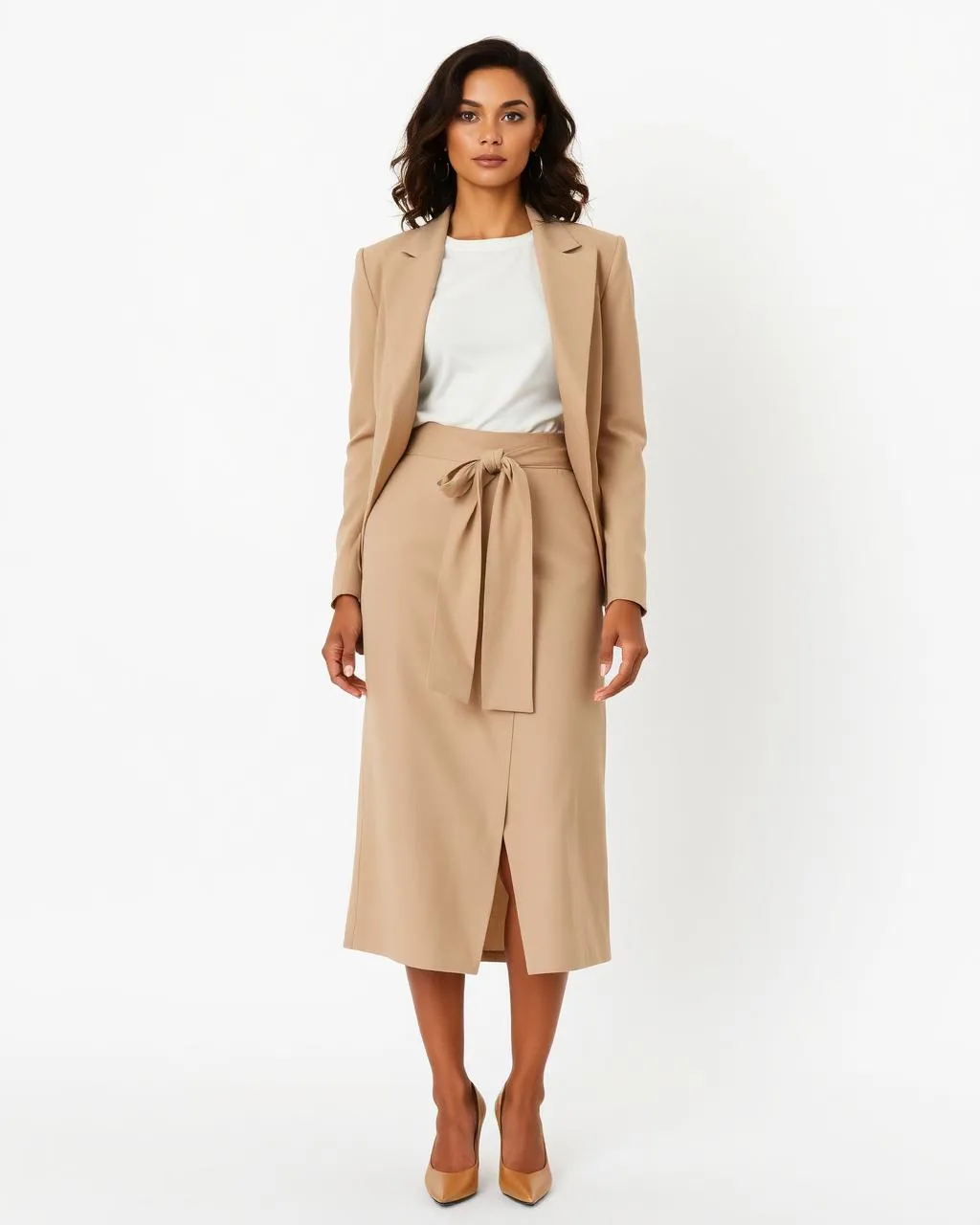 Pracovní look: sukně Mawe Beige, jednoduché tričko a béžové sáčko