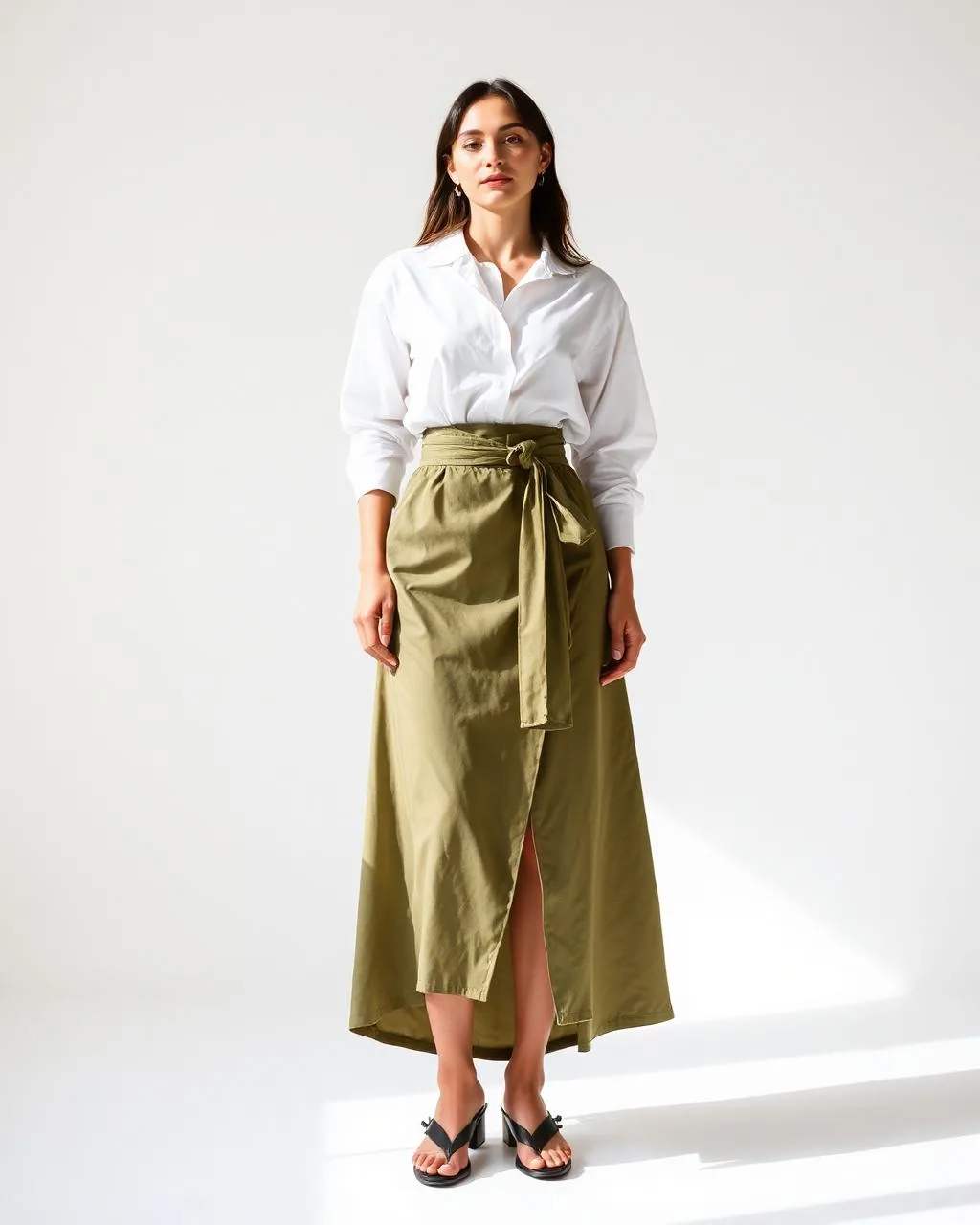 Khaki sukně Mawe na modelce s bílou košilí